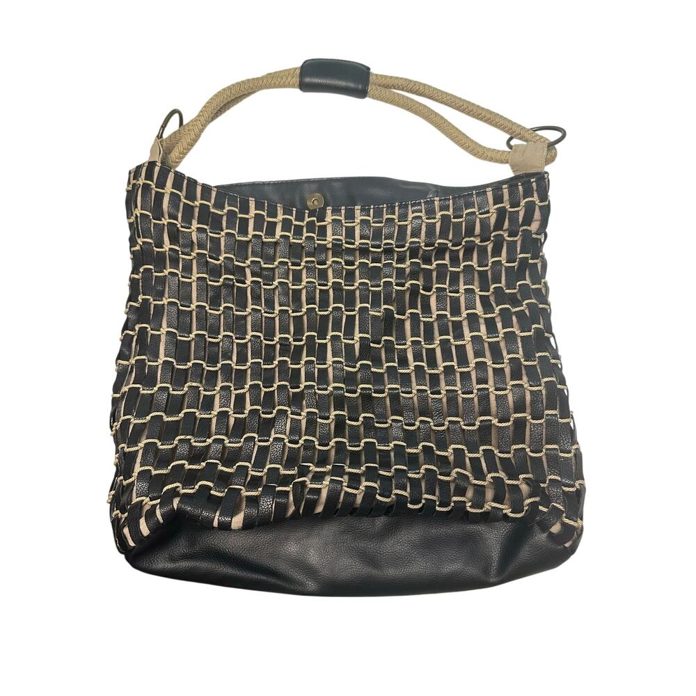 Chico's Women's Black leather and tan canvas woven hobo handbag purse